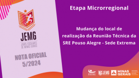 Publicada a Nota Oficial 5/2024. Mudança do local de realização da Reunião Técnica da SRE Pouso Alegre – Sede Extrema.