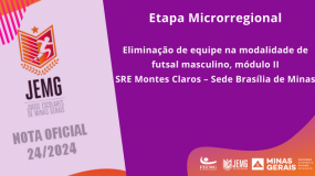 Publicada a Nota Oficial 24/2024. Eliminação de equipe na modalidade de futsal masculino, módulo II, da SRE Montes Claros – Sede Brasília de Minas.